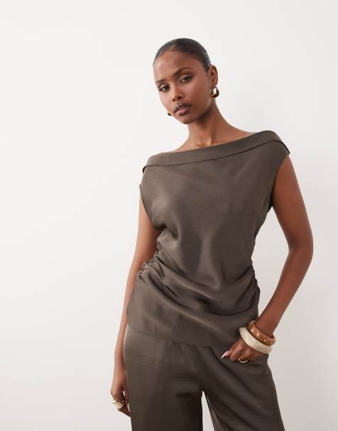 Lioness Sweetheart satin off shoulder top in mocha (part of a set) - view 1