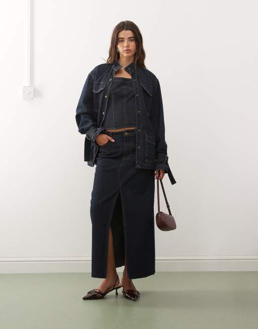 Lioness Sweetness bandeau top, high neck cinch waist longline denim jacket, and split front denim maxi skirt co-ord