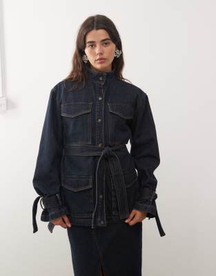 Lioness Sweetness High Neck Belted Cinch Waist Tie Sleeve Longline Denim Jacket In Blue