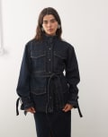 [Lioness] Lioness Sweetness high neck belted cinch waist tie sleeve longline denim jacket in indigo-Blue S Indigo