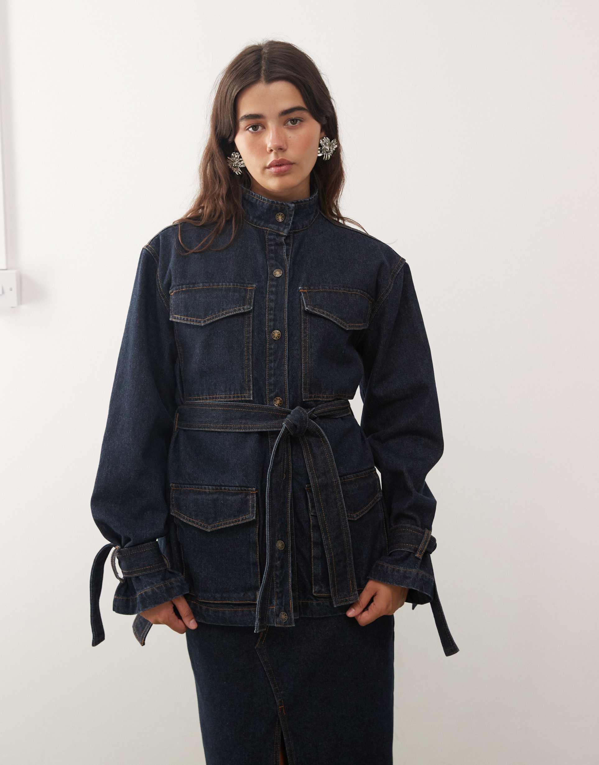 lioness sweetness high neck belted cinch waist tie sleeve longline denim jacket in indigo