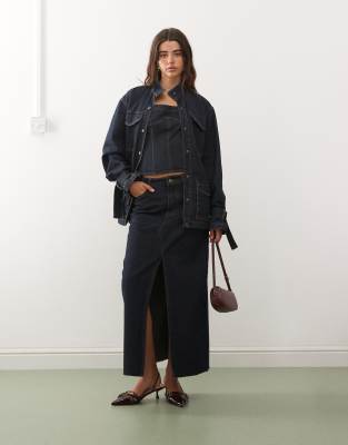 Lioness Sweetness High Neck Belted Cinch Waist Tie Sleeve Longline Denim Jacket In Blue