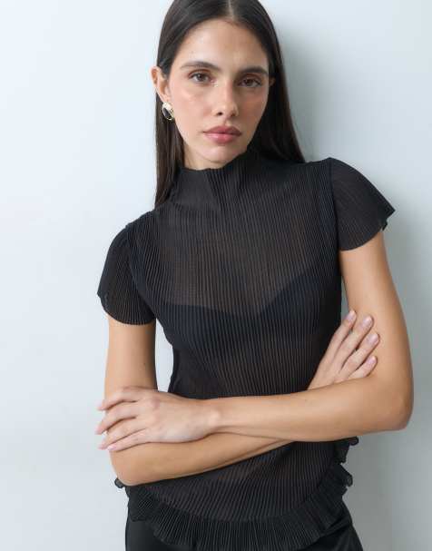 Lioness Sweetness high neck sheer top with ruffle hem in vinyl black - view 1