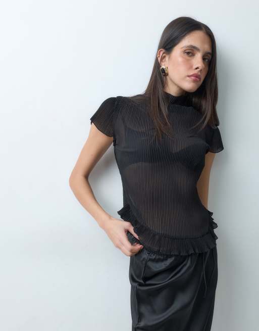 Lioness Sweetness high neck sheer top with ruffle hem in vinyl black, 5 of 5