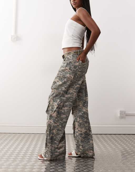 Lioness Sweetness low rise pocket detail oversized cargo jeans in digital camo