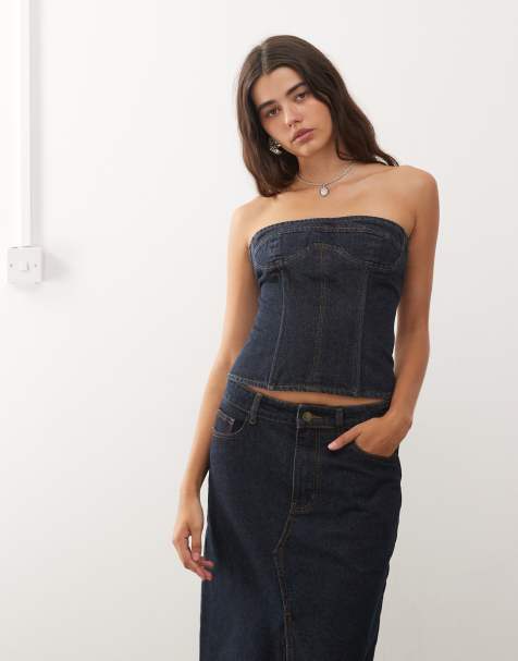 Lioness Sweetness seam detail bandeau top co-ord in indigo wash