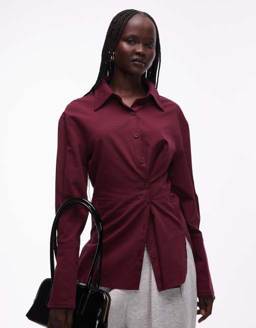 Lioness - Sydney - Chemise boutonnée multipositions avec col et taille cintrée - Bordeaux