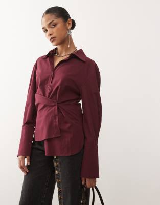 Lioness Sydney Collar Detail Multiway Button Front Cinched Waist Shirt Co-ord In Burgundy