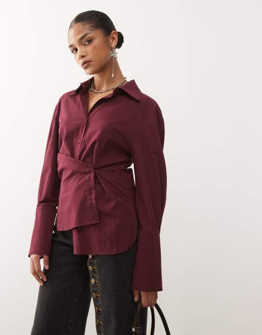 Lioness Sydney collar detail multiway button front cinched waist shirt co-ord in burgundy