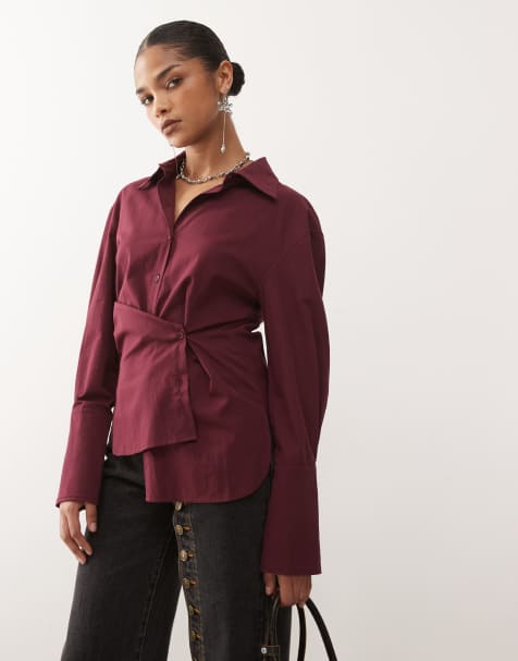 Lioness Sydney collar detail multiway button front cinched waist shirt in burgundy - view 1