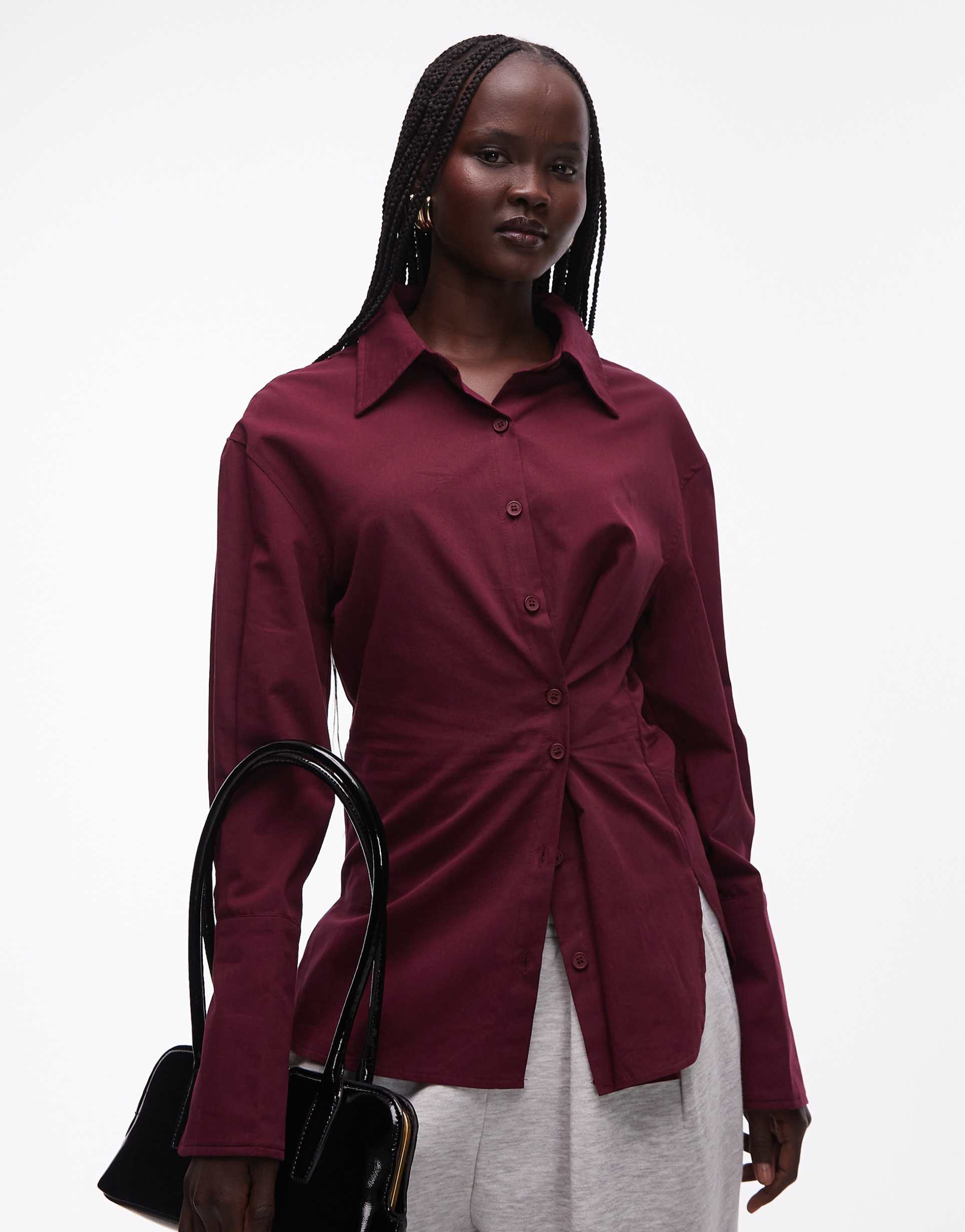 lioness sydney collar detail multiway button front cinched waist shirt in burgundy