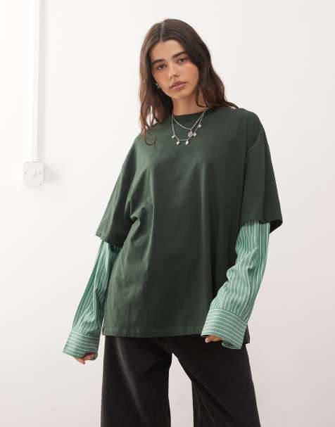 Lioness - T-shirt 2-en-1 oversize effet superposé avec chemise à manches longues rayée - Vert foncé/vert - view 1