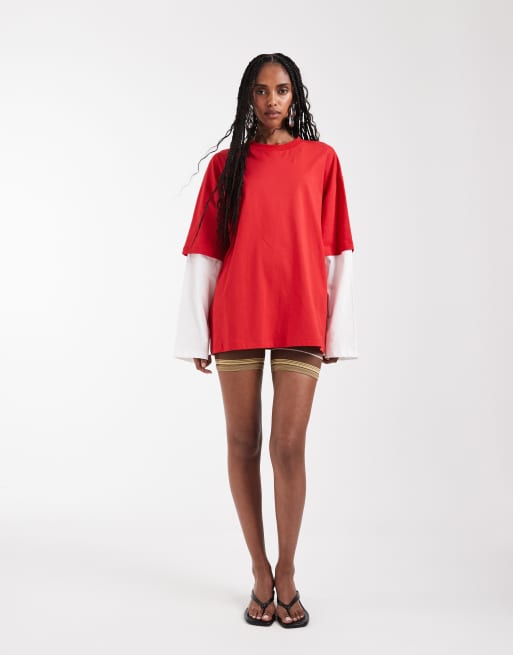 Lioness - T-Shirt 2 in 1 con camicia a maniche lunghe bianca a righe e T-shirt oversize rossa sovrapposta, 2 di 7