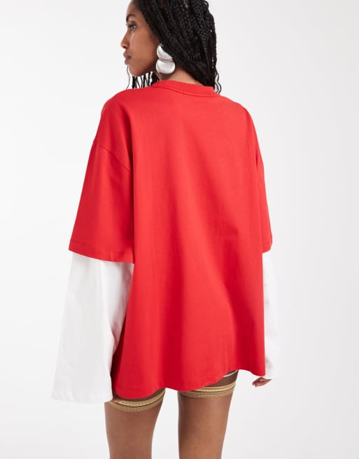 Lioness - T-Shirt 2 in 1 con camicia a maniche lunghe bianca a righe e T-shirt oversize rossa sovrapposta, 3 di 7