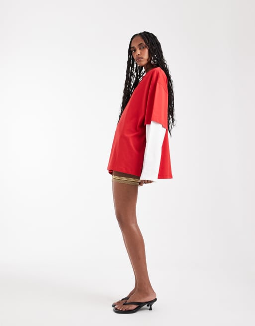 Lioness - T-Shirt 2 in 1 con camicia a maniche lunghe bianca a righe e T-shirt oversize rossa sovrapposta, 4 di 7