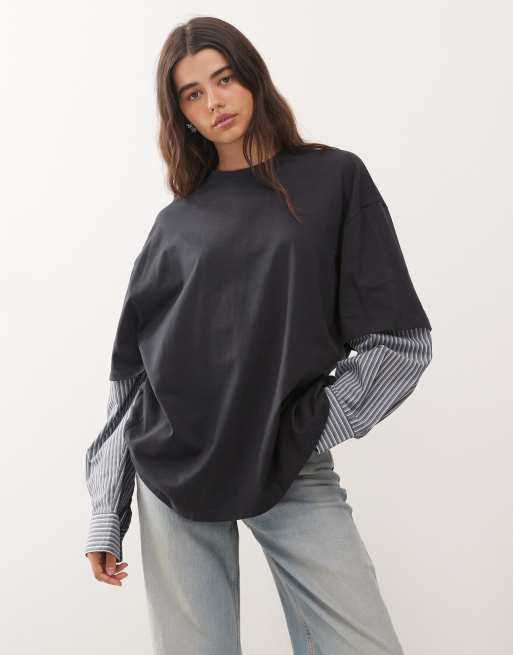 Lioness - T-Shirt 2 in 1 con camicia a maniche lunghe blu navy a righe e T-shirt oversize sovrapposta
