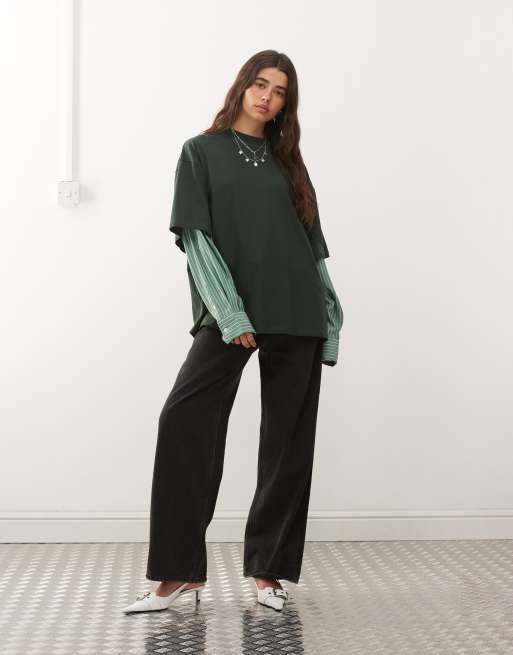 Lioness - T-shirt 2 in 1 con camicia a maniche lunghe verde scuro e verde a righe e T-shirt oversize sovrapposta, 3 di 4