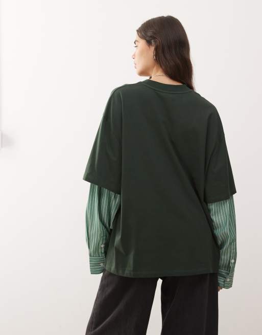 Lioness - T-shirt 2 in 1 con camicia a maniche lunghe verde scuro e verde a righe e T-shirt oversize sovrapposta, 4 di 4