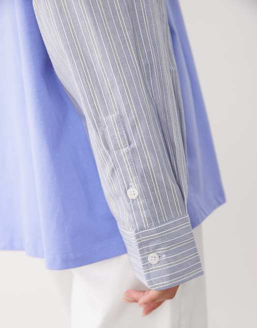 Lioness T-shirt oversize 2 in 1 con sovrapposizione e camicia a righe a maniche lunghe in blu fiordaliso, 3 di 4