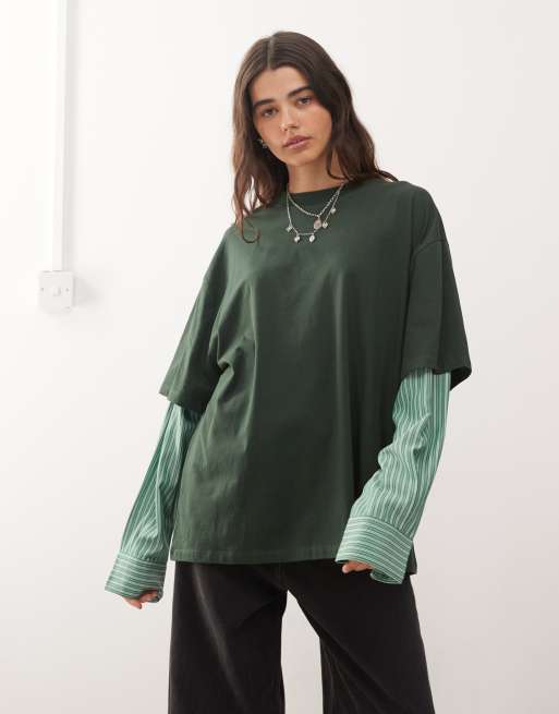 Lioness – T-shirt oversize 2 w 1 z długimi koszulowymi rękawami w ciemnozielono-zielone paski