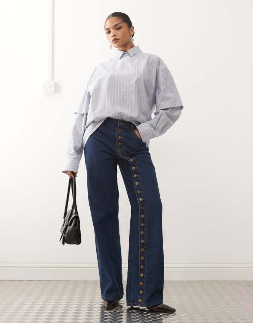 Lioness - T-Shirt oversize sovrapposta 2 in 1 con camicia a maniche lunghe bianca e blu a righe in coordinato, 4 di 4