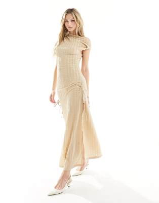 Lioness Textured Off The Shoulder Thigh Slit Midaxi Dress In Beige-neutral