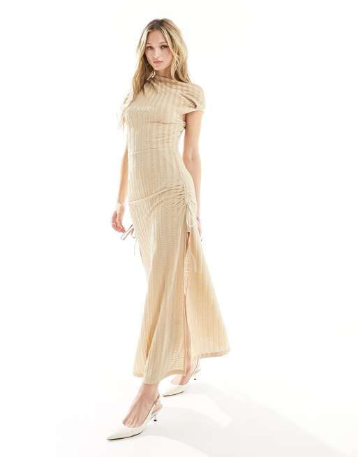 Lioness textured off the shoulder thigh slit midaxi dress in beige