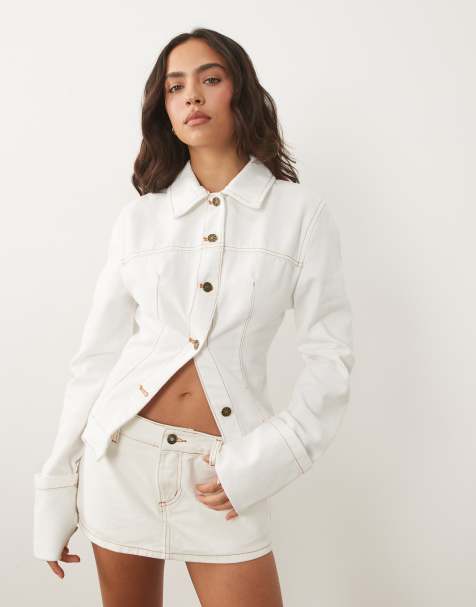 Lioness The Bronx cotton fitted wide cuff detail cinch back denim jacket and skirt co-ord in white - view 1