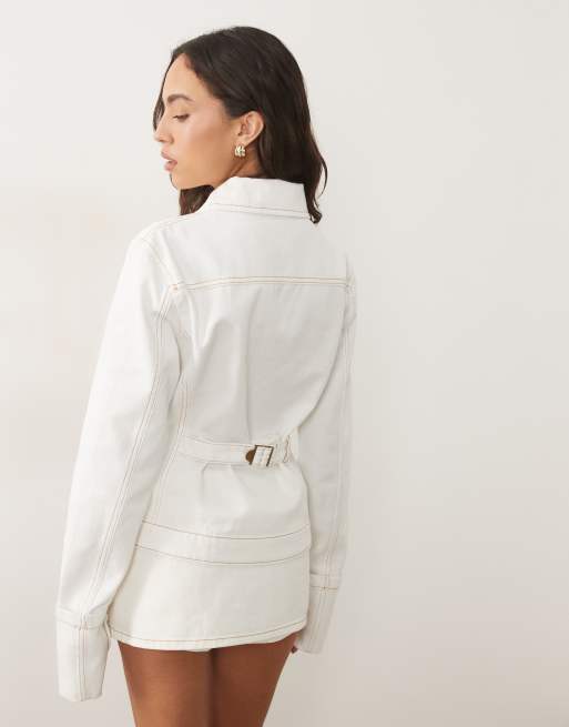 Lioness The Bronx cotton fitted wide cuff detail cinch back denim jacket co-ord in white, 4 of 4