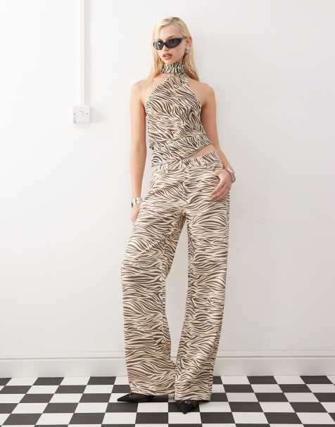 Lioness tie neck detail top and baggy jeans in zebra print - view 1
