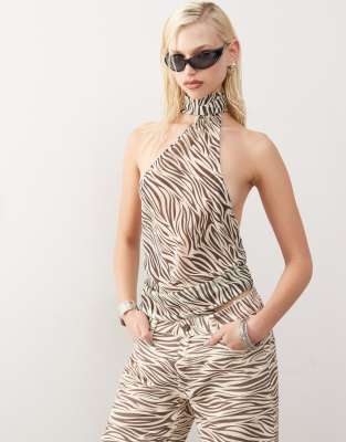 Lioness Lioness tie neck detail top in zebra print-Multi