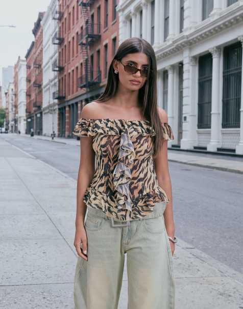 Lioness Timeless off shoulder ruffle detail top in tiger print - view 1