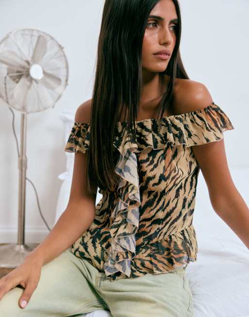 Lioness Timeless off shoulder ruffle detail top in tiger print, 4 of 4