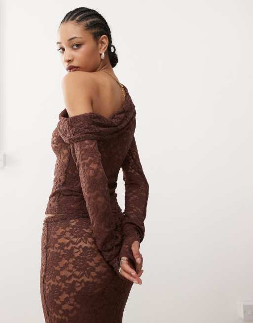 Lioness - Top asimmetrico in pizzo marrone cioccolato in coordinato, 4 di 4