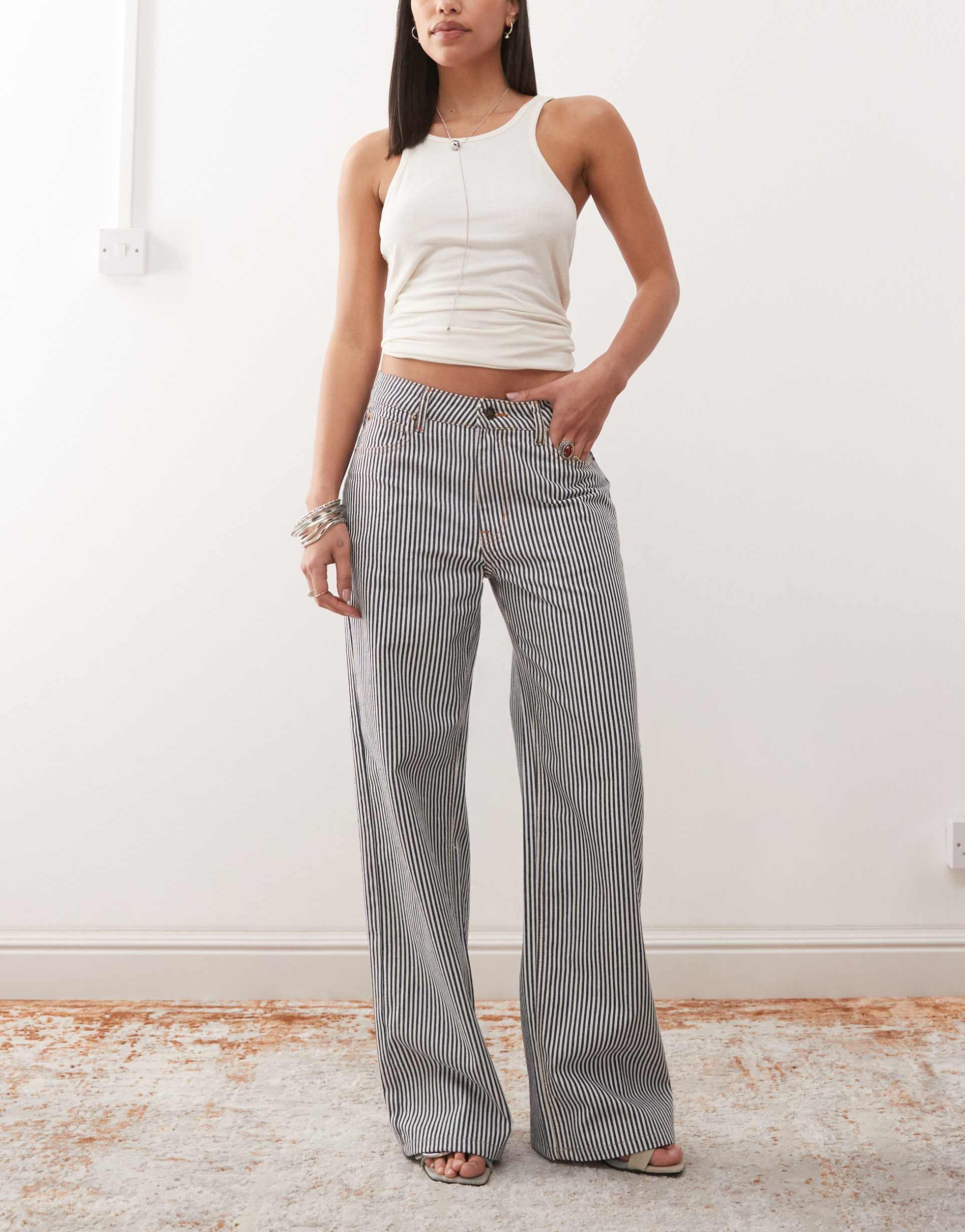 lioness top model low rise wide leg jeans in blue and white stripes