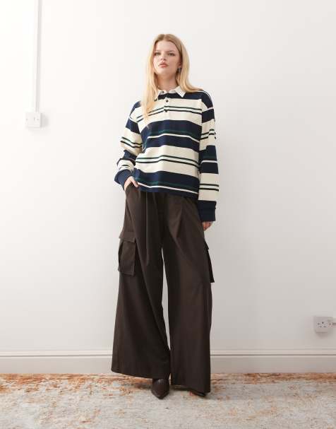 Lioness - Top stile rugby oversize a maniche lunghe blu navy e bianco a righe con colletto stile preppy - view 1