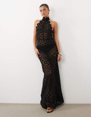 Lioness Trophy sheer lace intricate floral detail high neck maxi dress in black 
