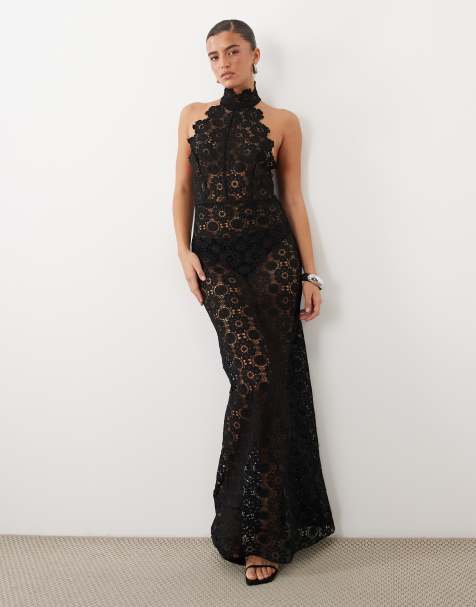 Lioness Trophy sheer lace intricate floral detail high neck maxi dress in black - view 1