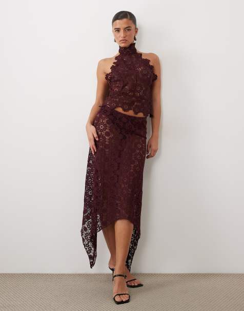 Lioness Trophy sheer lace intricate floral detail high neck top and asymmetric skirt set in burgundy - view 1
