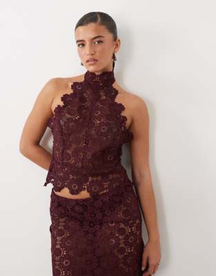 Lioness Trophy Sheer Lace Intricate Floral Detail High Neck Top Set In Red