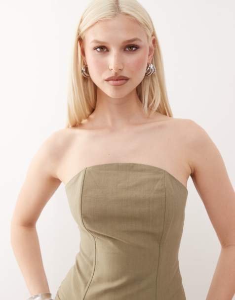 Lioness Untamed linen look cotton seam detail bandeau corset top co-ord in sage
