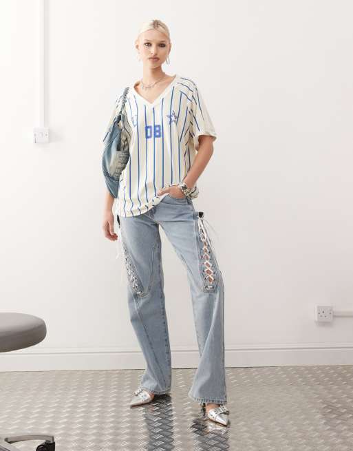 Lioness v neck sports jersey co-ord in blue and cream stripe, 4 of 4