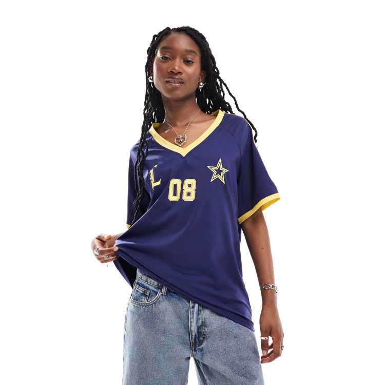 Lioness v neck sports jersey top in navy with yellow contrast