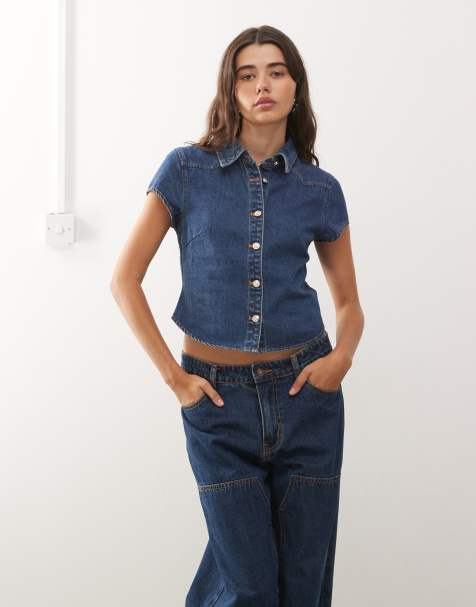 Lioness Varsity Blues collar detail short sleeve contrast stitch denim shirt in mid blue (part of a set) - view 1
