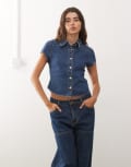 [Lioness] Lioness Varsity Blues collar detail short sleeve contrast stitch denim shirt in mid blue (part of a set) XS Mid blue