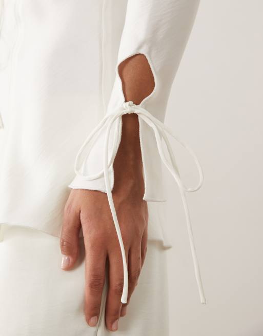 Lioness Veil satin tie front detail long sleeve top co-ord in porcelain, 4 of 4