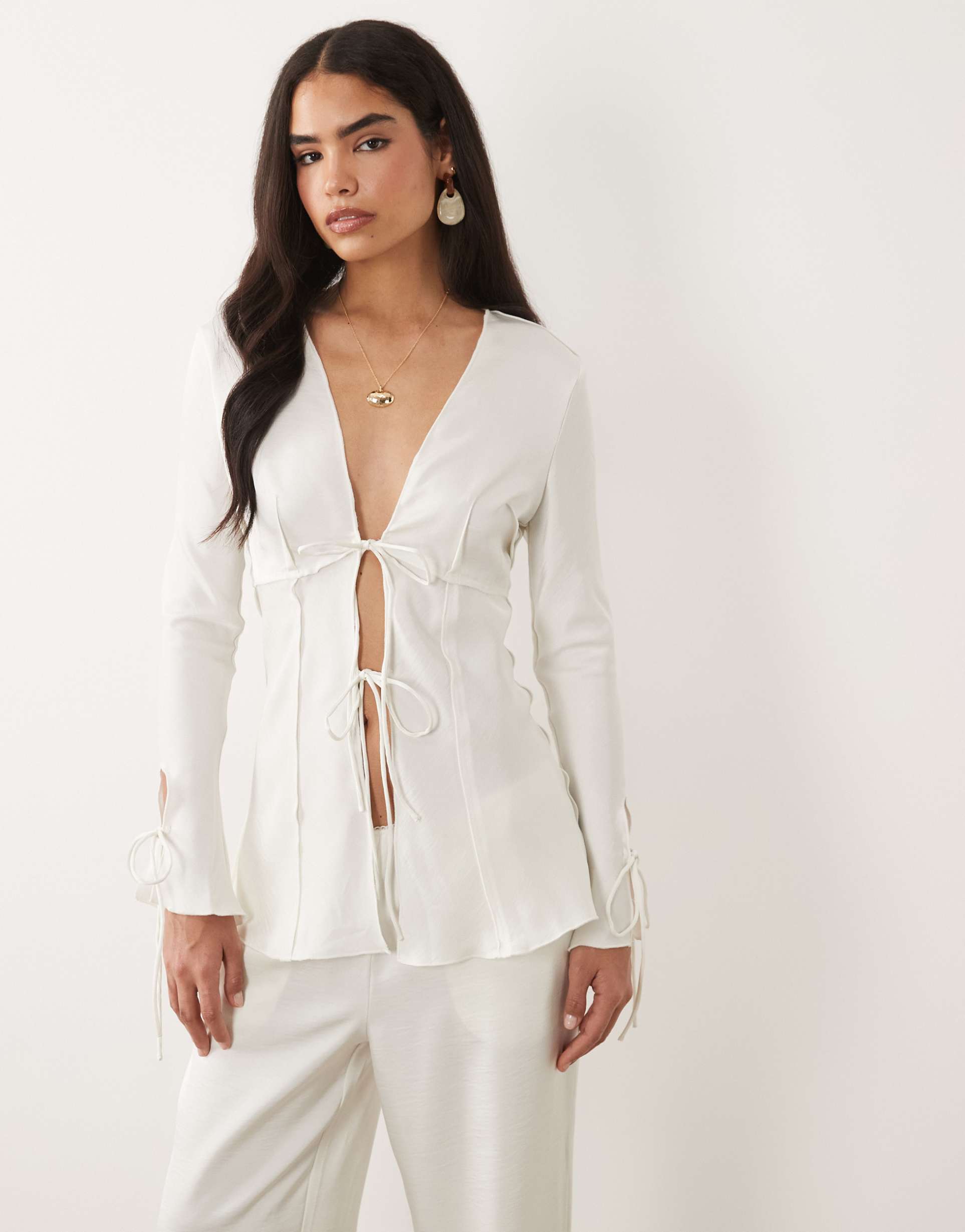 lioness veil satin tie front detail long sleeve top in porcelain - part of a set