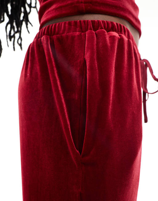 Lioness velour low rise wide leg joggers co-ord in burgundy, 5 of 5