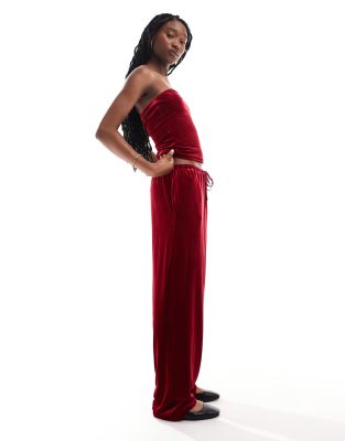 velour low rise wide leg sweatpants in burgundy - part of a set-Red