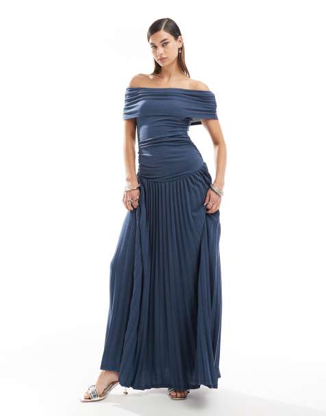 Lioness - Vestito lungo con pieghe e arricciatura in maglia blu navy con vita scesa e scollo alla Bardot - view 1